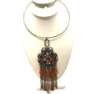 Art Glass Boho Medallion Pendant Necklace, Vintage Gold Tone Formed Collar Choke